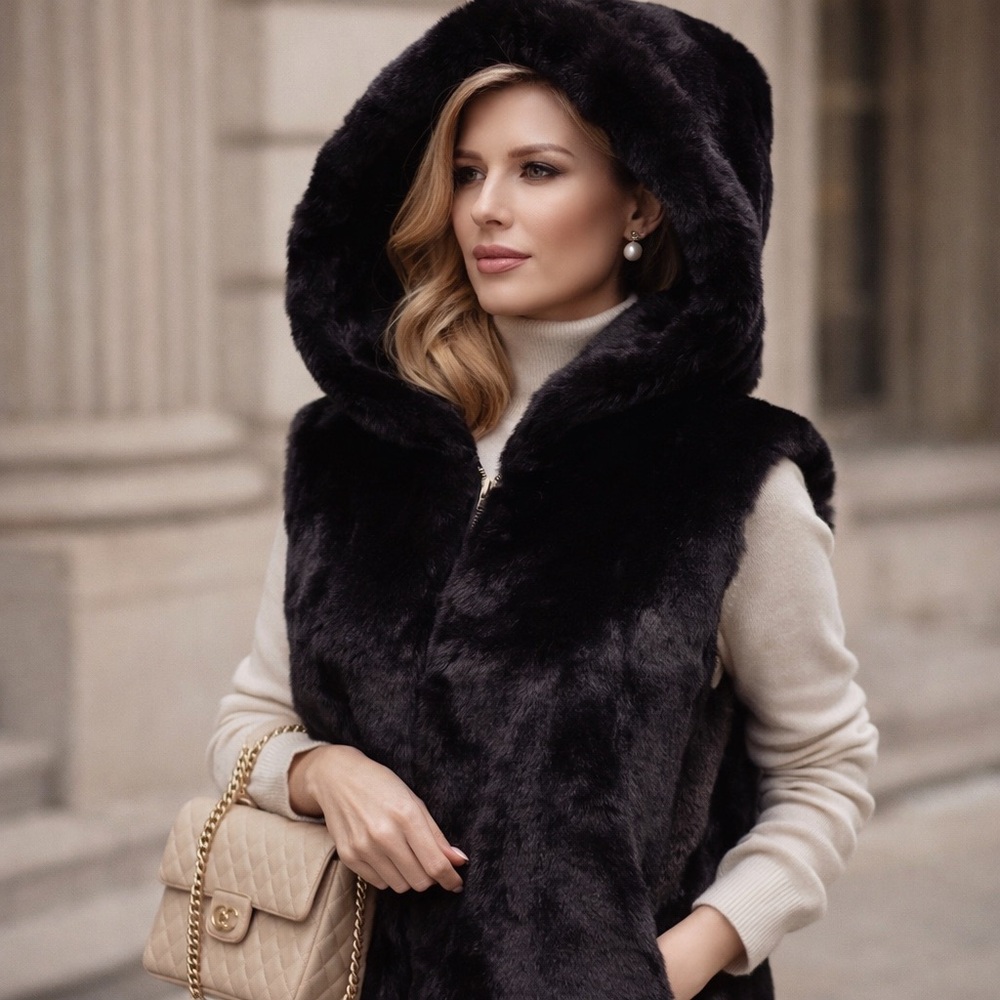 New! Alessandra C Black Soft Faux Fur Vest with side Pockets‎ Made in Italy